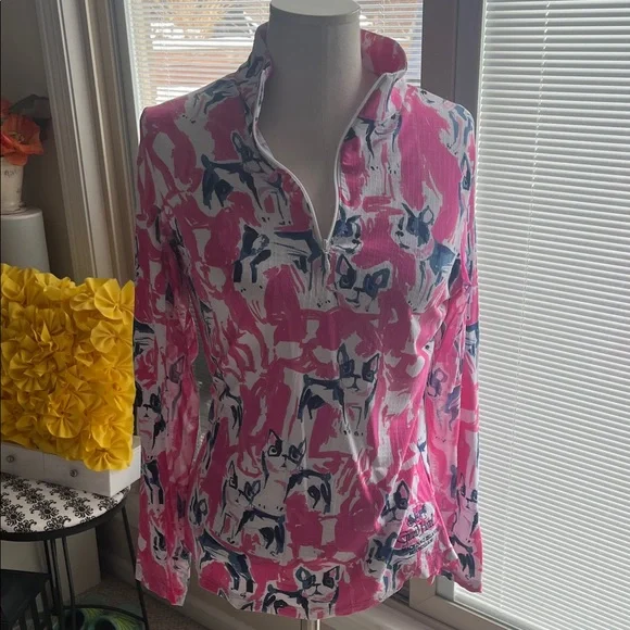 IBKUL Pink and Blue Frenchie Patterned Long Sleeve Golf Top - Picture 1 of 4